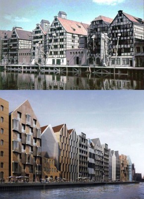 2. Zestawienie dawnych spichlerzy (u góry) i projektowanej ściany pseudospichlerzy (1) sm