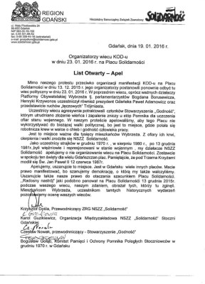 apel w sprawie Placu Solidarnosci